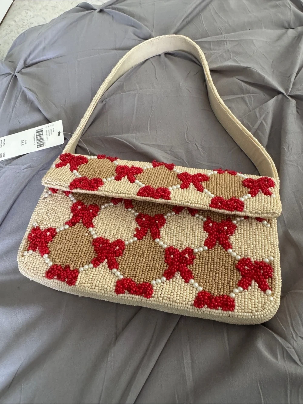 Anthropologie Cream and Red Beaded Bow Shoulder Bag - Picture 2 of 3